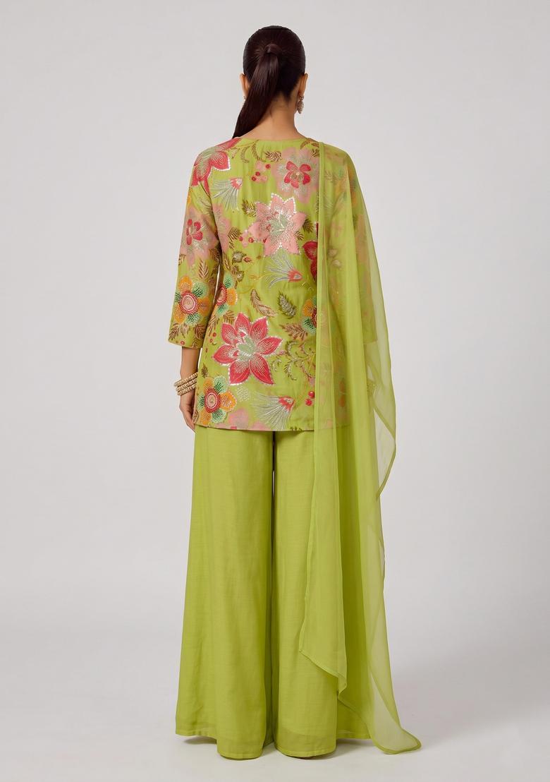 Lime Green Printed Organza Kurta Set - Indya