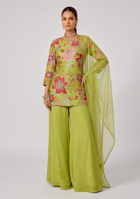 Olive Green Printed Organza Kurta Set