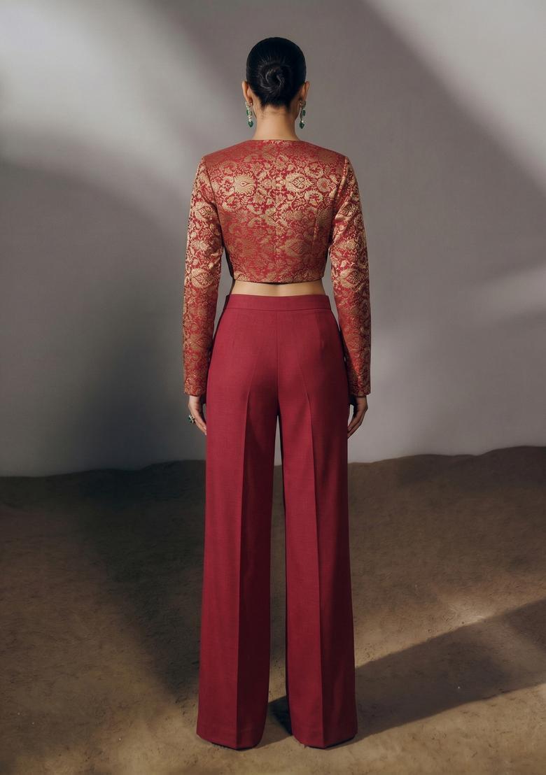 Maroon Jacquard Brocade Fusion Set - Indya