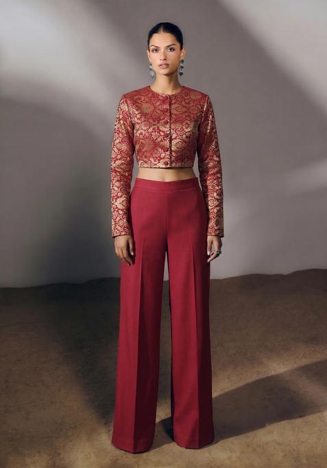 Maroon Jacquard Brocade Fusion Set