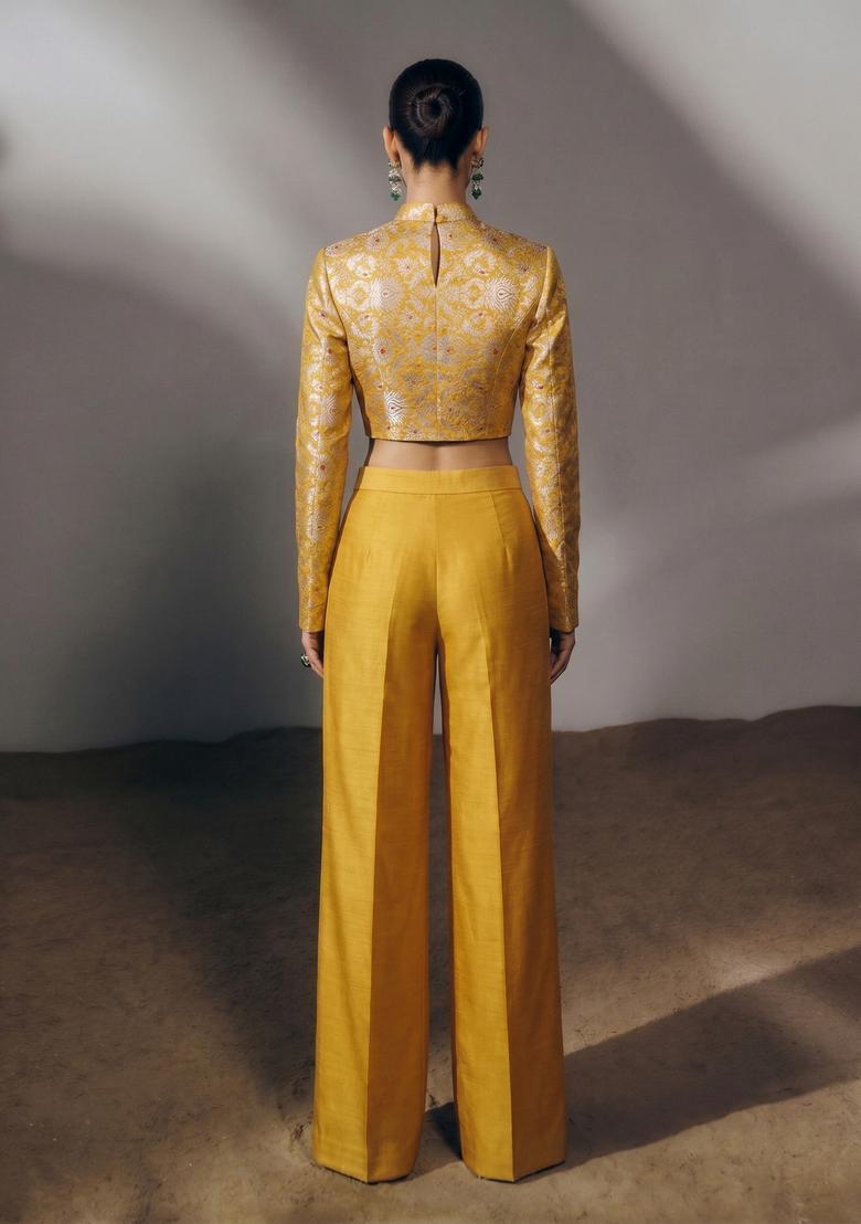 Mustard Jacquard Brocade Fusion Set - Indya