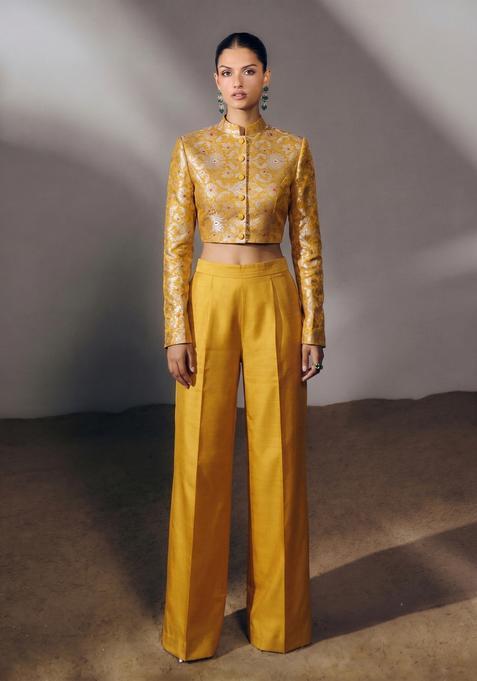 Mustard Jacquard Brocade Fusion Set