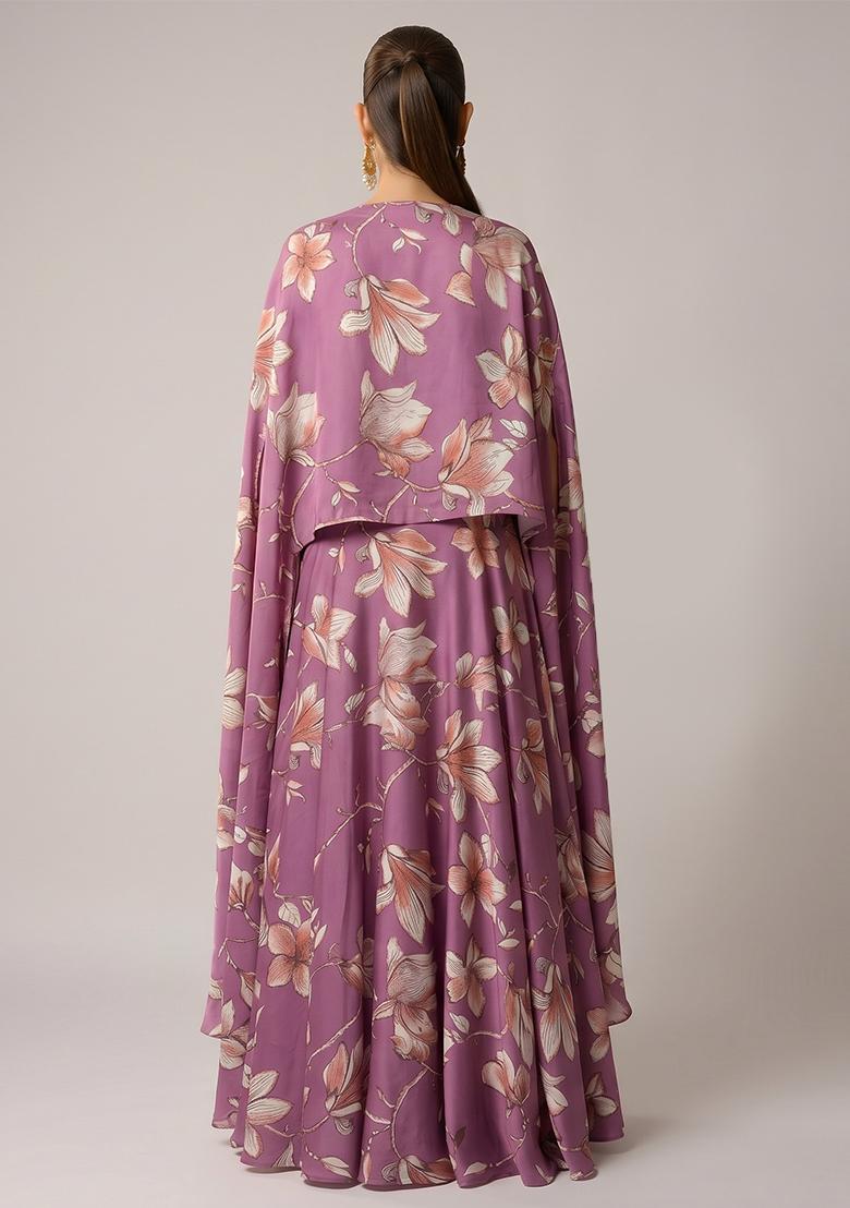 Mauve Printed Georgette Lehenga Set - Indya