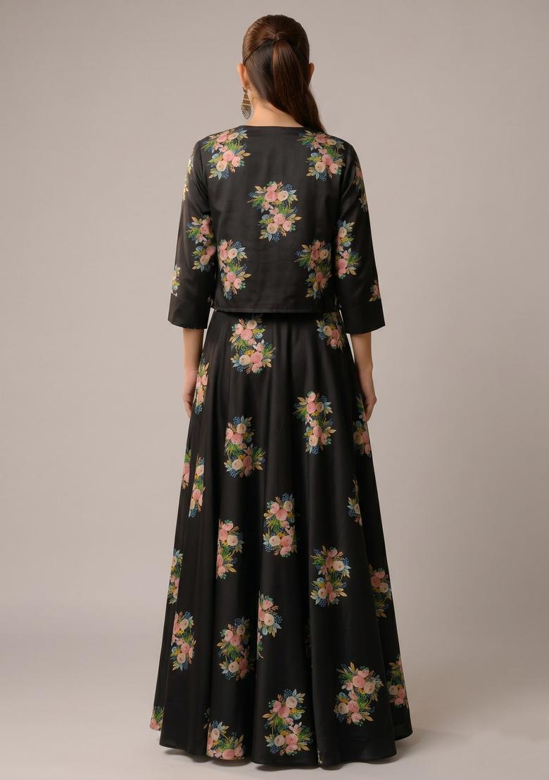 Black Printed Georgette Lehenga Set - Indya
