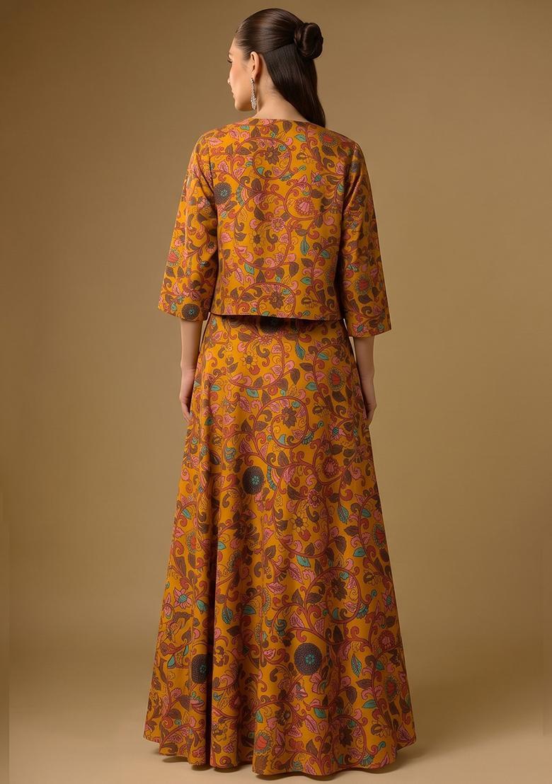 Mustard Printed Georgette Lehenga Set - Indya
