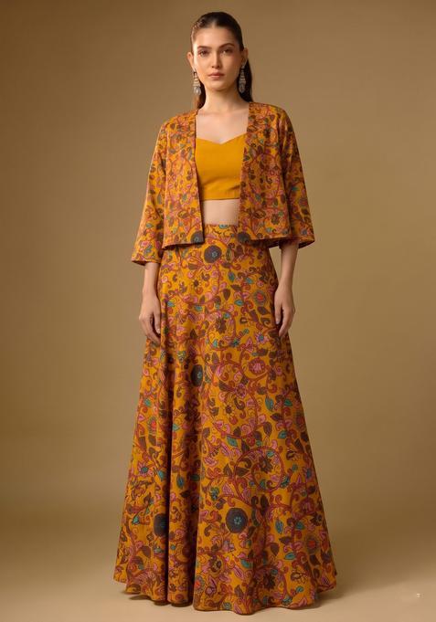 Mustard Printed Georgette Lehenga Set