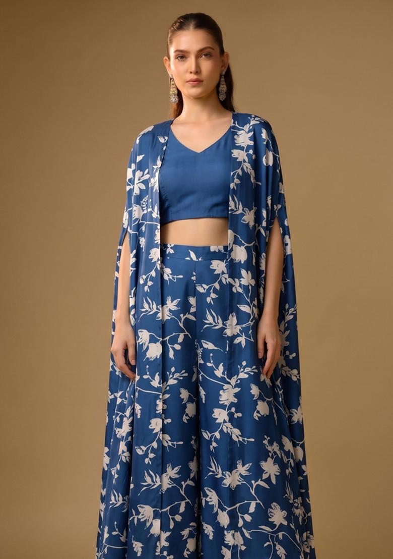 Royal Blue Printed Georgette Fusion Set - Indya