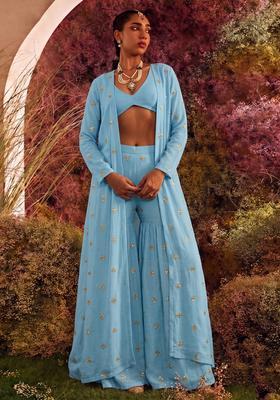 Sky Blue Sequin Georgette Fusion Set