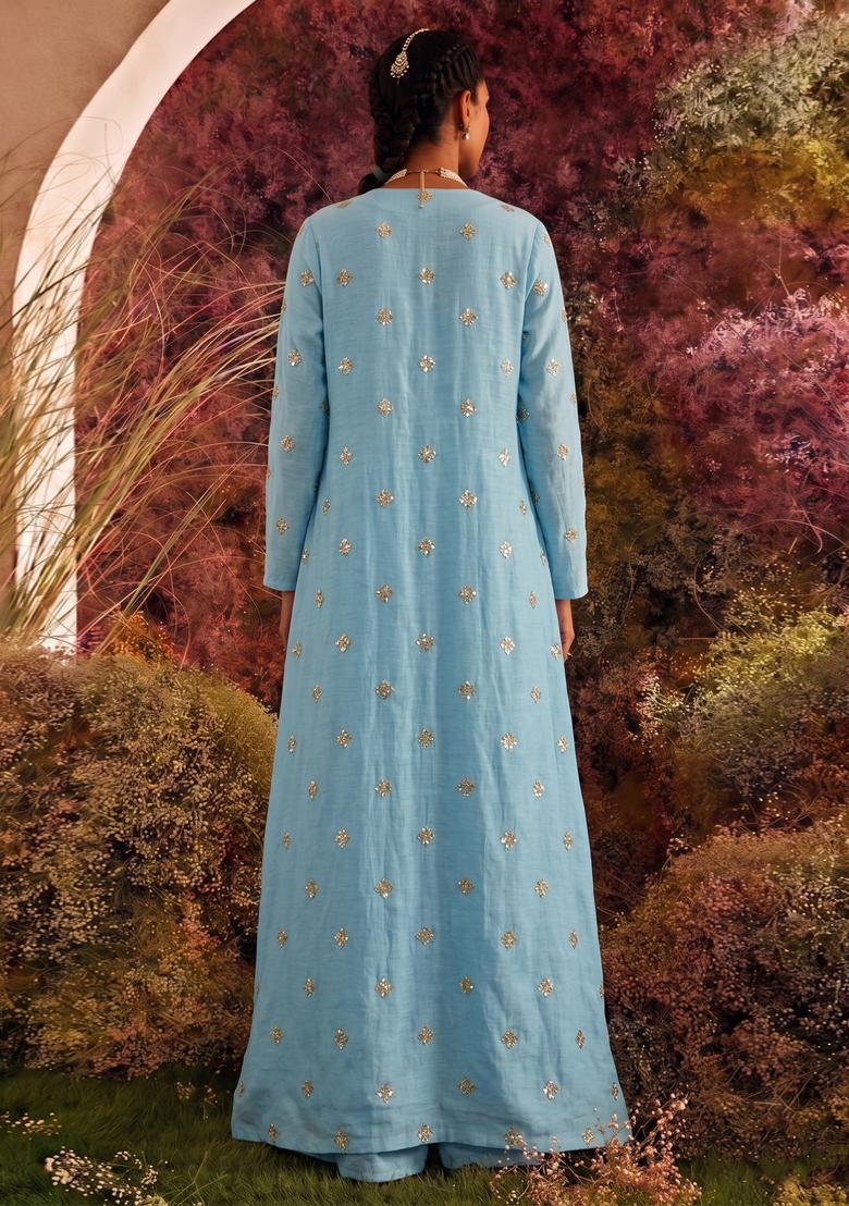 Sky Blue Sequin Georgette Fusion Set - Indya