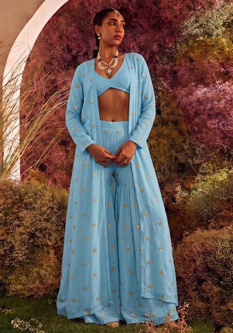 Sky Blue Sequin Georgette Fusion Set