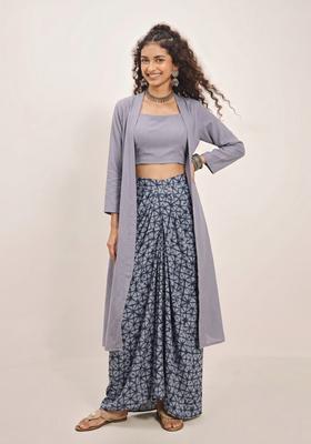 Grey Printed Muslin Fusion Set