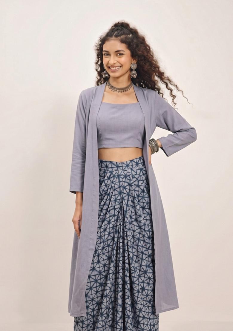 Grey Printed Muslin Fusion Set - Indya