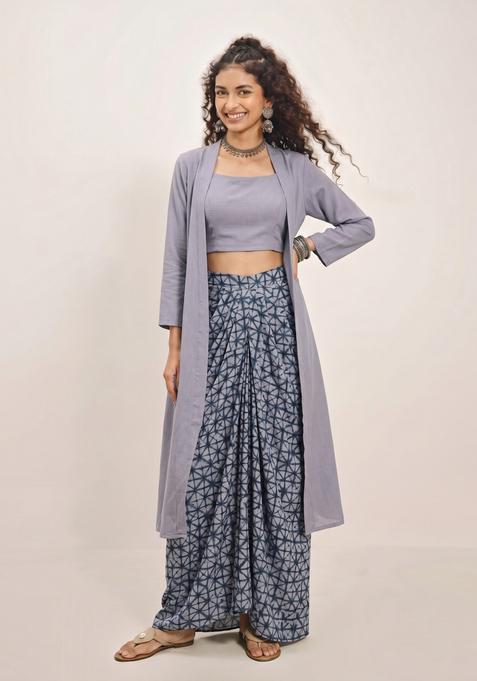 Grey Printed Muslin Fusion Set