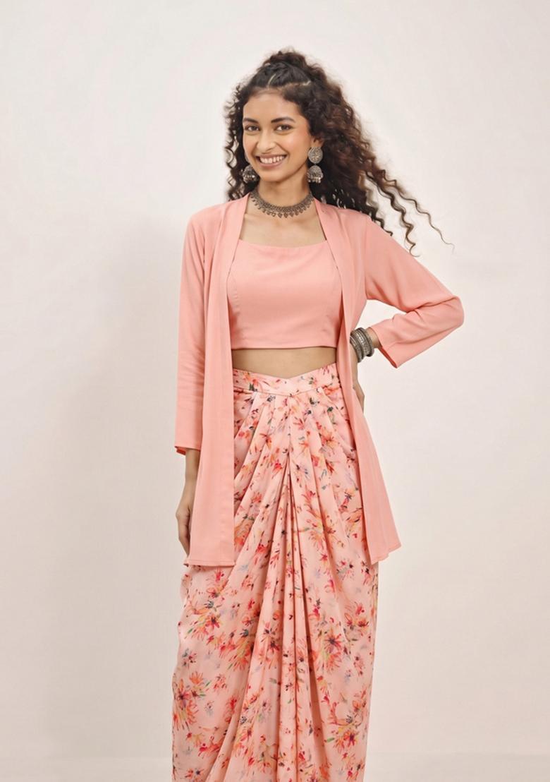 Peach Printed Muslin Fusion Set - Indya