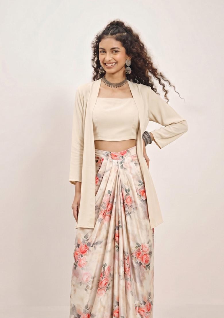 Beige Printed Muslin Fusion Set - Indya