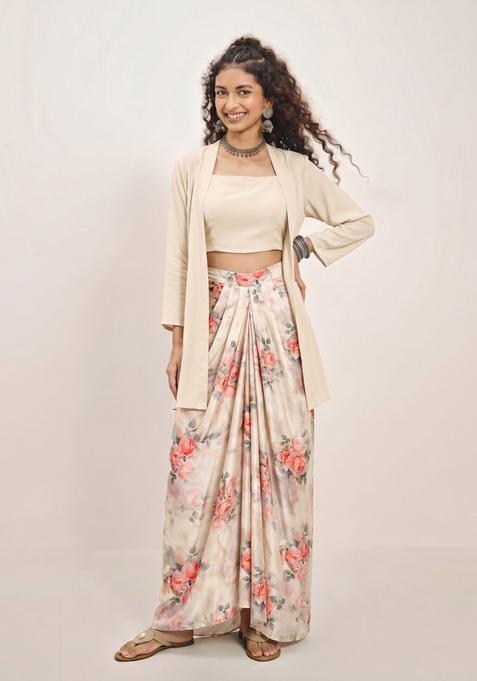 Beige Printed Muslin Fusion Set