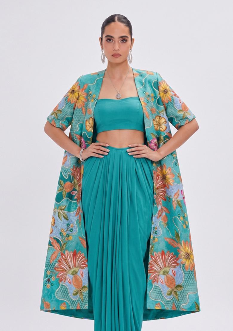 Teal Printed Silk Fusion Set - Indya