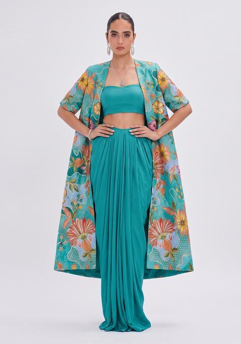 Teal Printed Silk Fusion Set