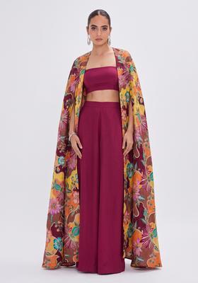 Wine Printed Silk Fusion Set