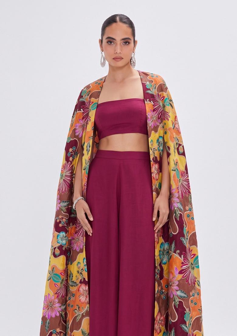 Wine Printed Silk Fusion Set - Indya