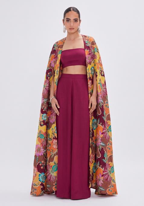 Wine Printed Silk Fusion Set