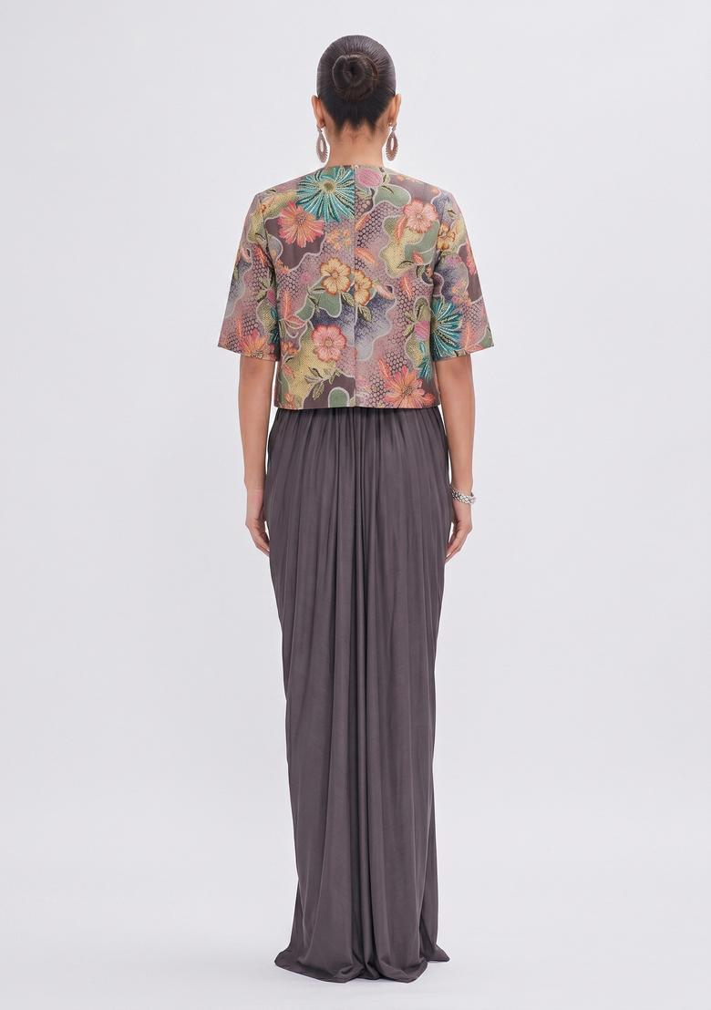 Charcoal Grey Printed Silk Fusion Set - Indya