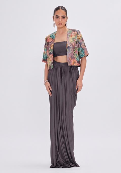 Charcoal Grey Printed Silk Fusion Set