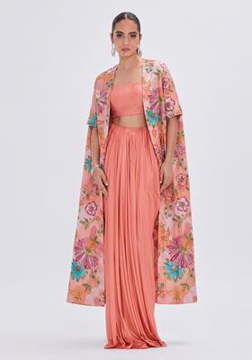 Peach Embroidered Silk Fusion Set
