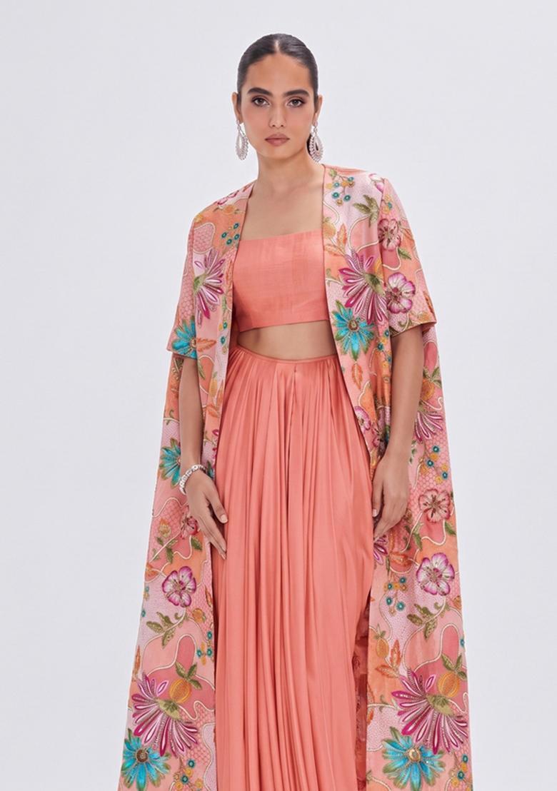 Peach Embroidered Silk Fusion Set - Indya