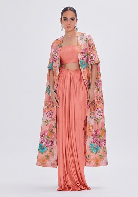 Peach Embroidered Silk Fusion Set
