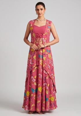 Rose Pink Printed Chinon Fusion Set