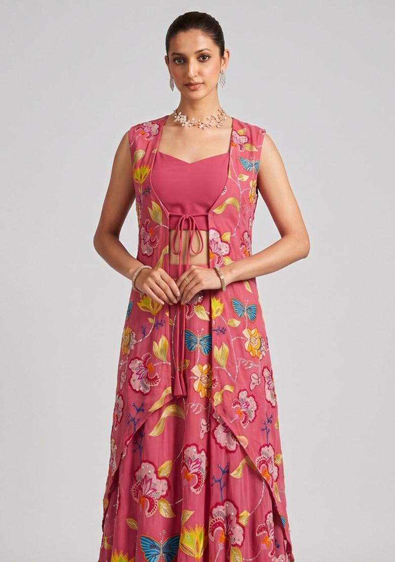 Rose Pink Printed Chinon Fusion Set - Indya