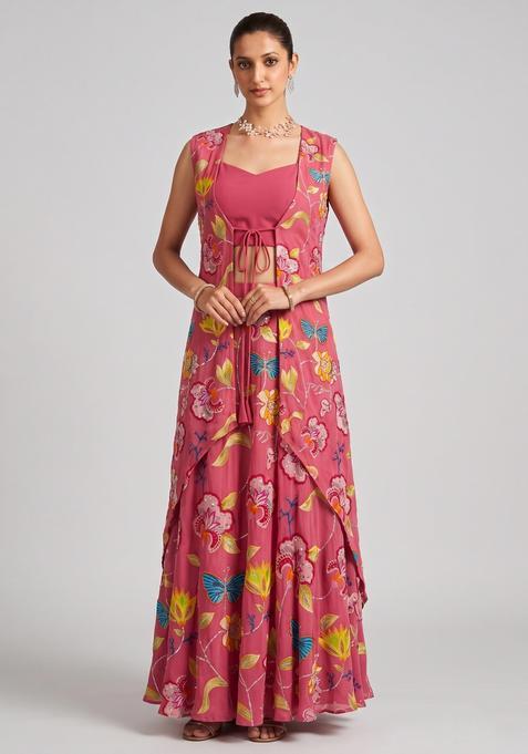 Rose Pink Printed Chinon Fusion Set