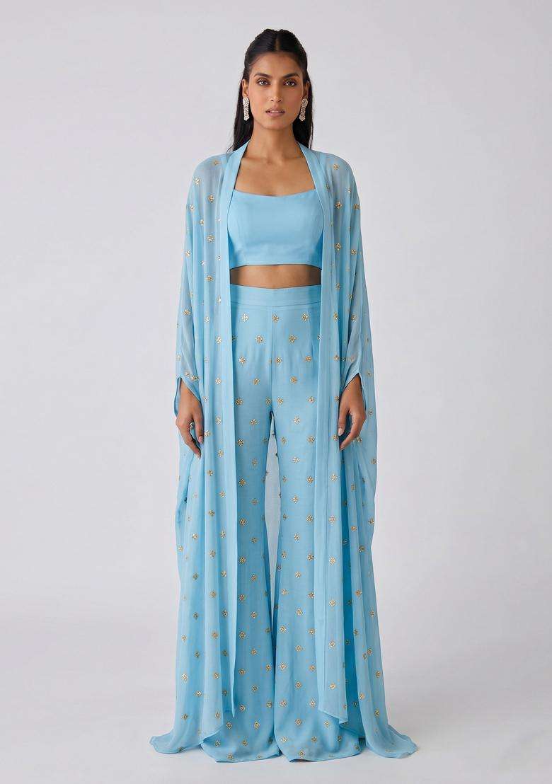 Sky Blue Sequin Georgette Fusion Set - Indya