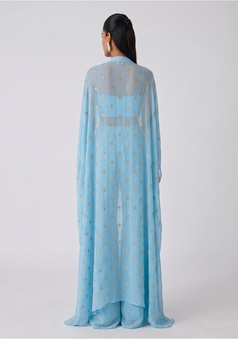 Sky Blue Sequin Georgette Fusion Set - Indya