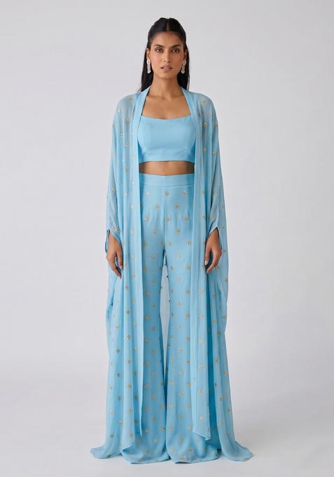 Sky Blue Sequin Georgette Fusion Set