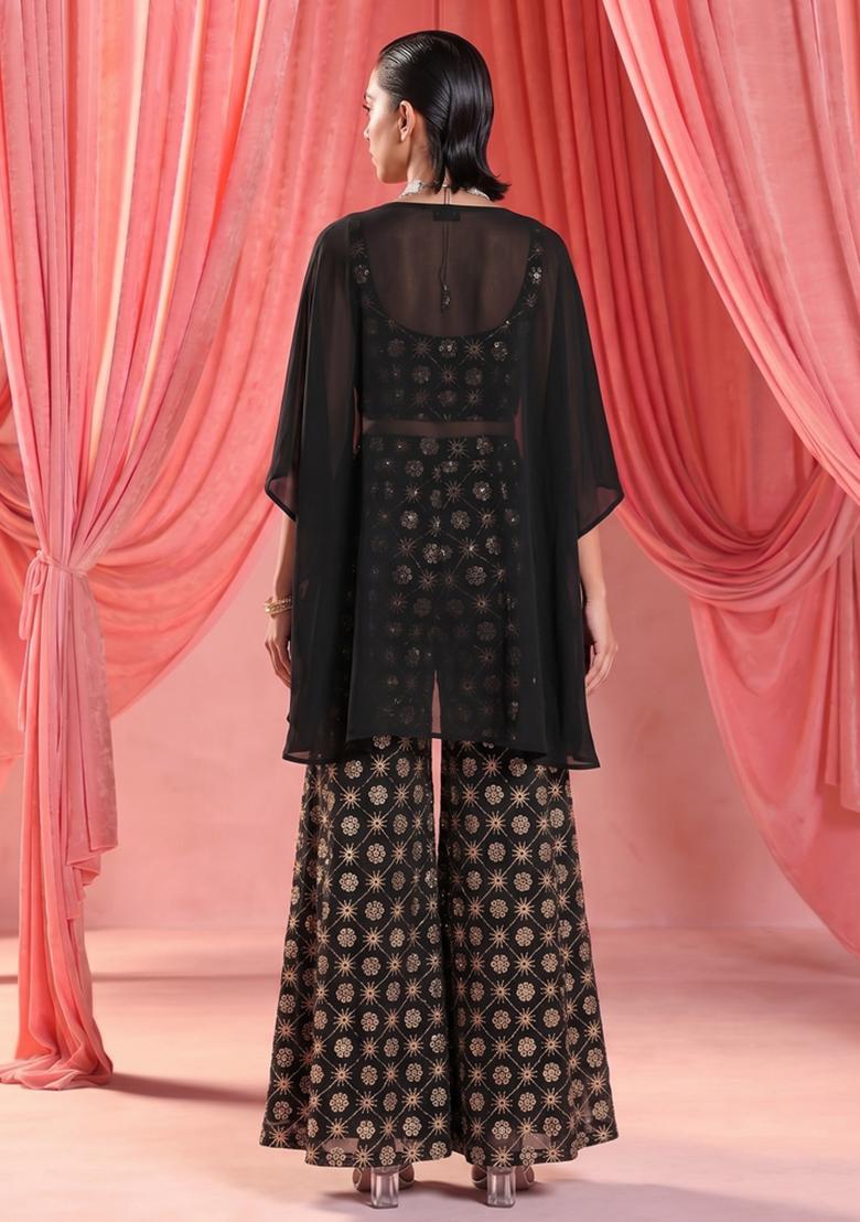 Black Sequin Georgette Fusion Set - Indya