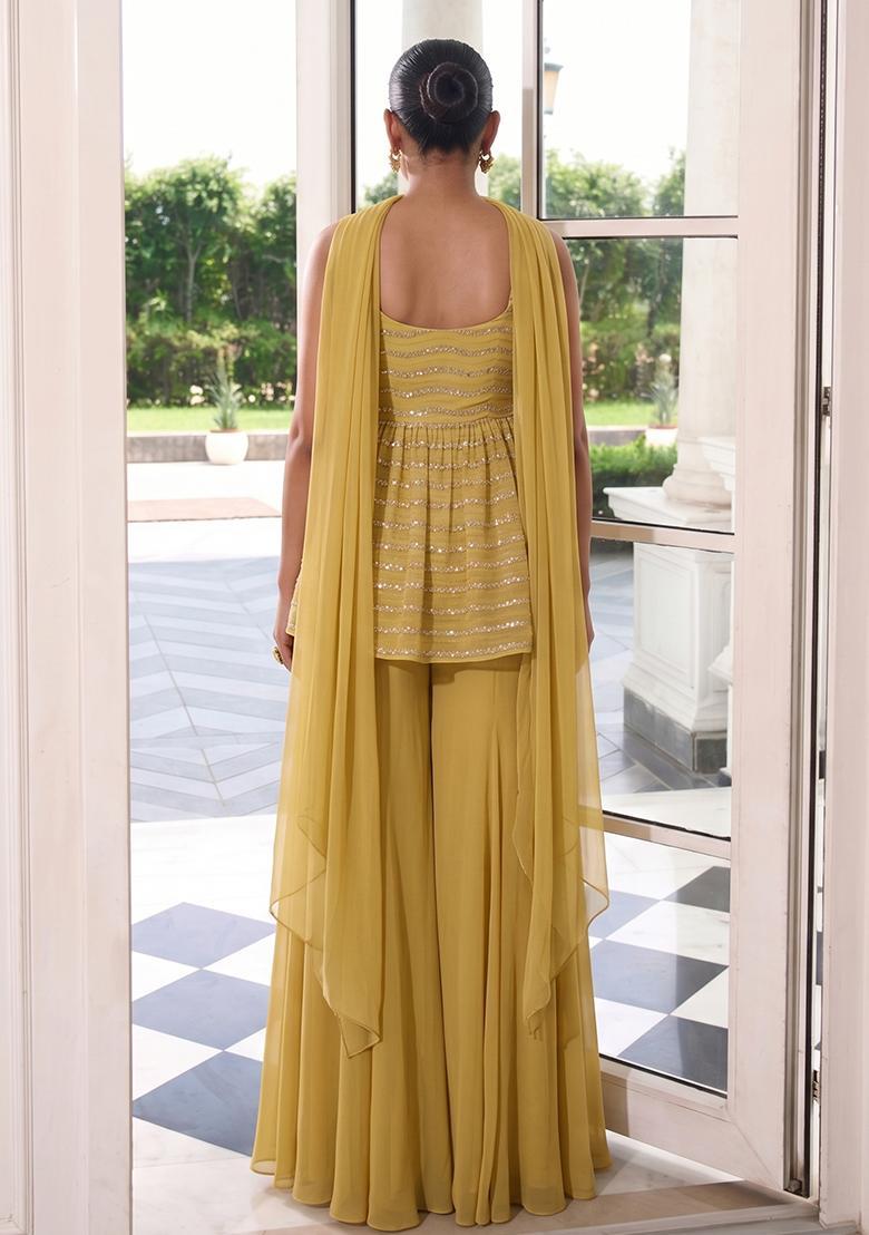 Mustard Sequin Silk Fusion Set - Indya