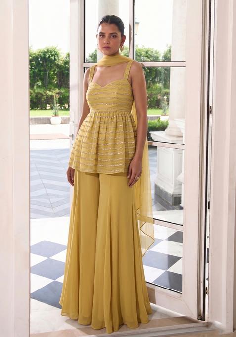 Mustard Sequin Silk Fusion Set