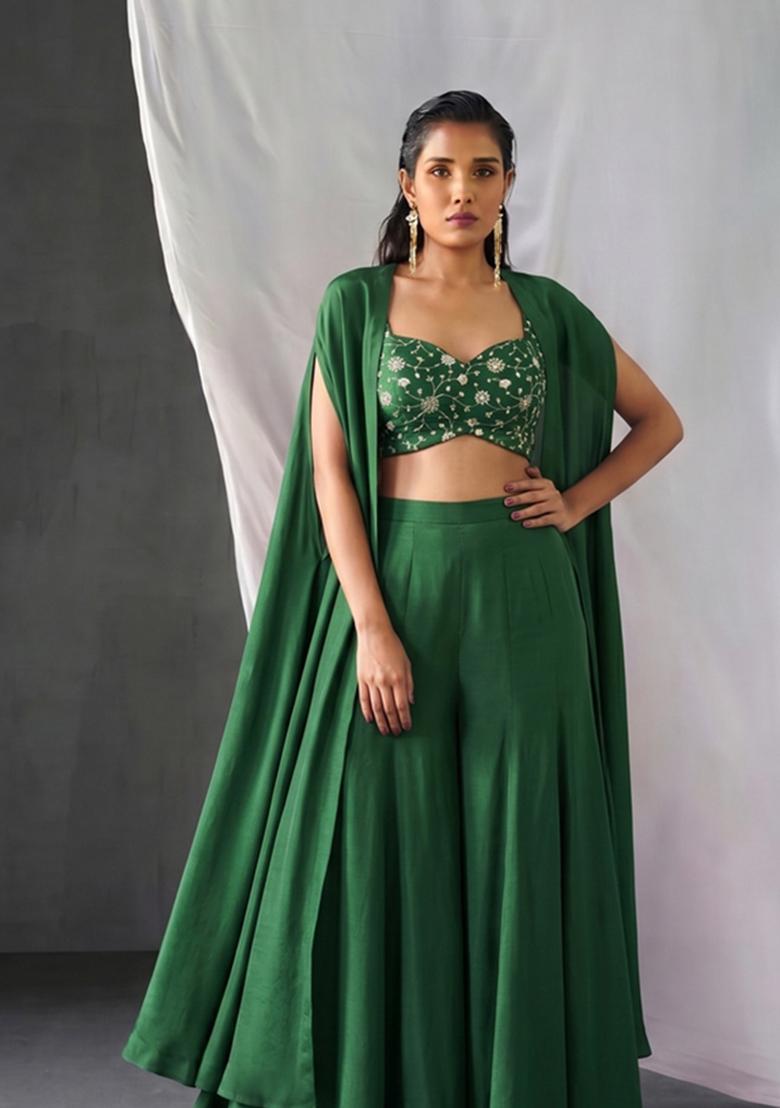 Bottle Green Embroidered Tissue Fusion Set - Indya