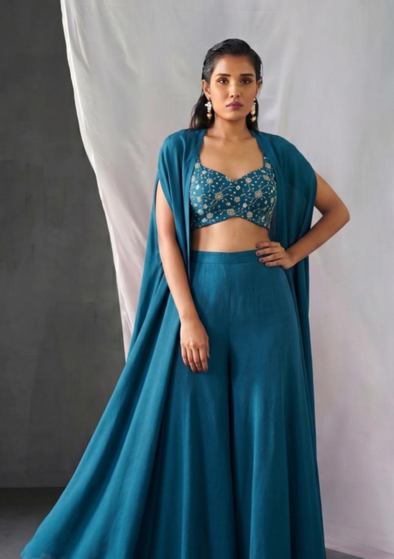 Teal Embroidered Tissue Fusion Set - Indya