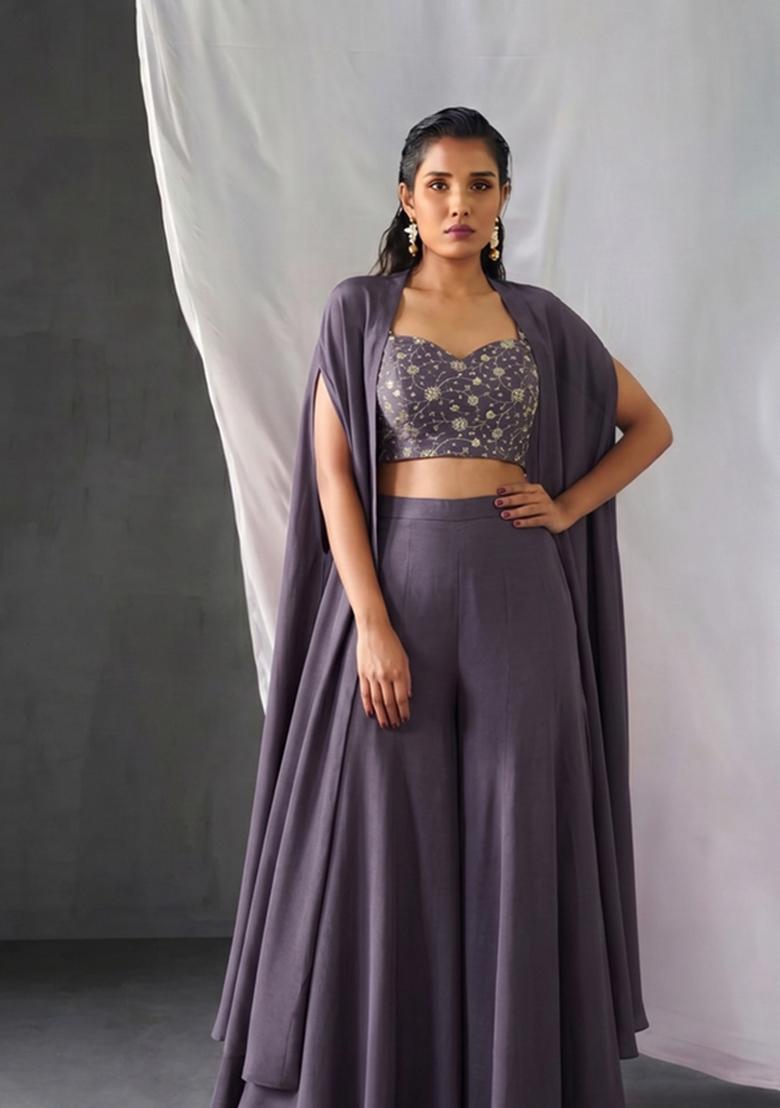 Charcoal Grey Embroidered Tissue Fusion Set - Indya