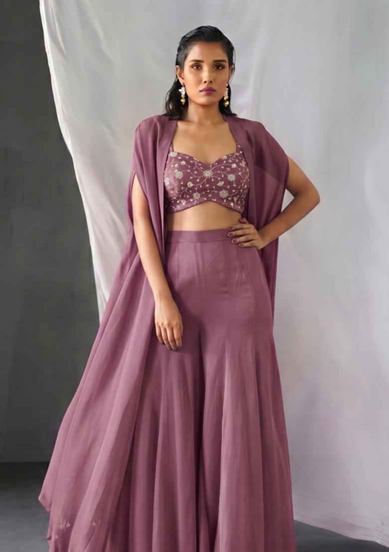 Mauve Embroidered Tissue Fusion Set - Indya