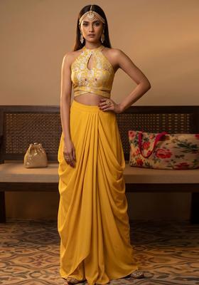 Mustard Jacquard Brocade Fusion Set