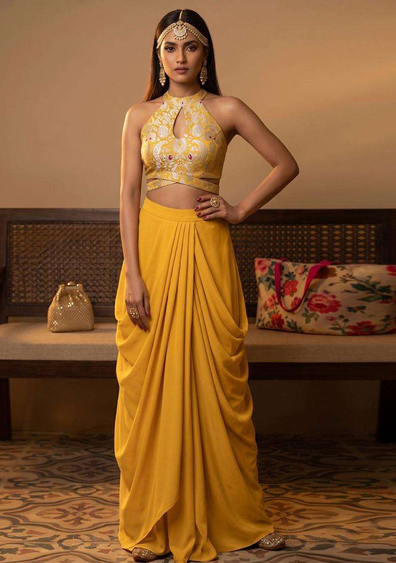 Mustard Jacquard Brocade Fusion Set for Diwali and Festive Wear - Indya