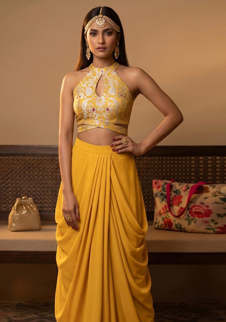 Mustard Jacquard Brocade Fusion Set - Indya