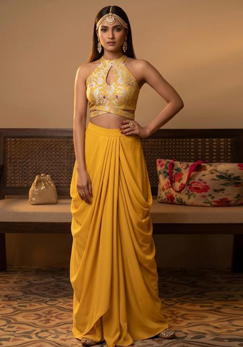 Mustard Jacquard Brocade Fusion Set
