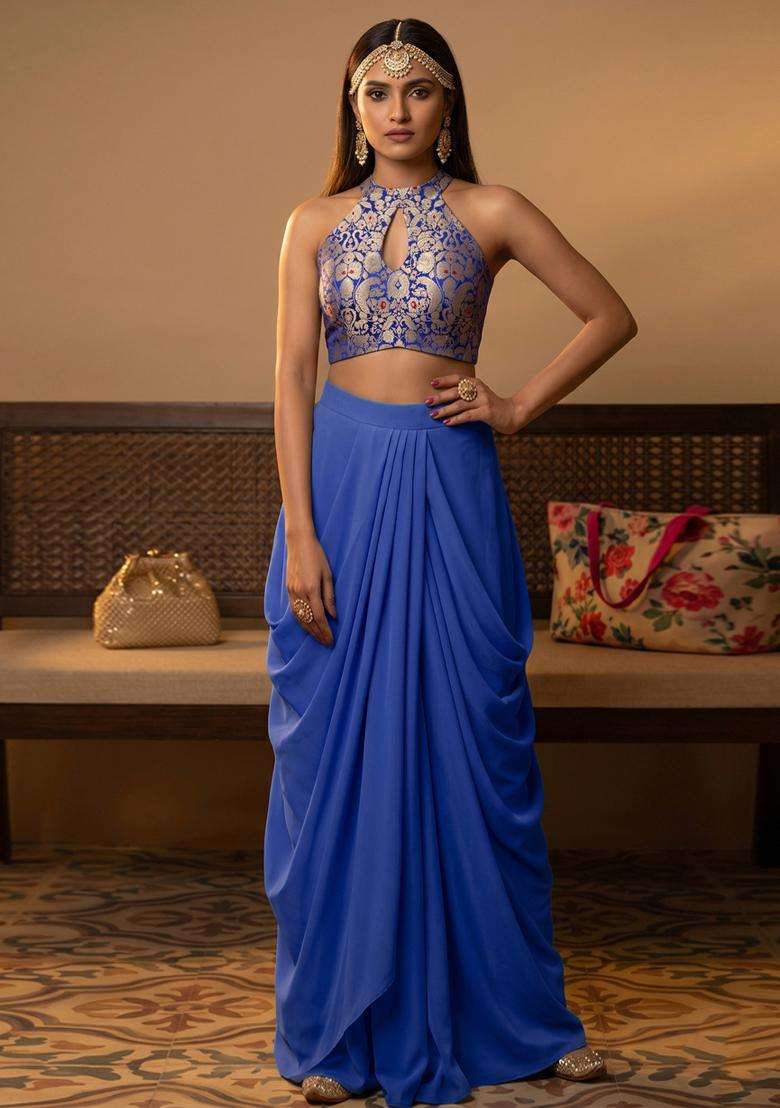 Royal Blue Jacquard Brocade Fusion Set for Diwali | Wedding & Festive Wear - Indya