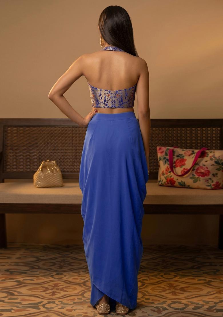 Royal Blue Jacquard Brocade Fusion Set - Indya