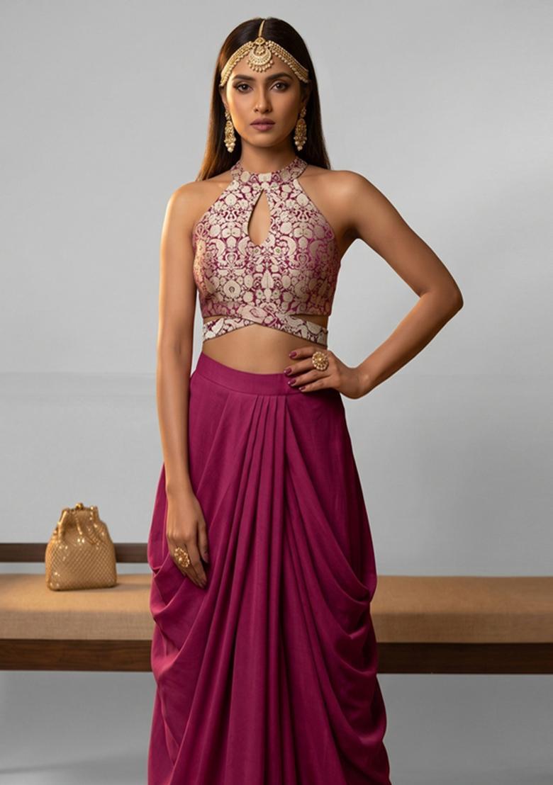 Wine Jacquard Brocade Fusion Set - Indya